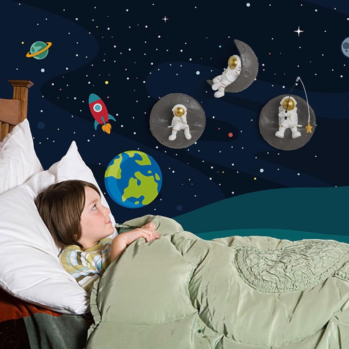 3Pcs Astronaut Wall Decor 3D Moon Space Sculpture Kids Room - Kwikley