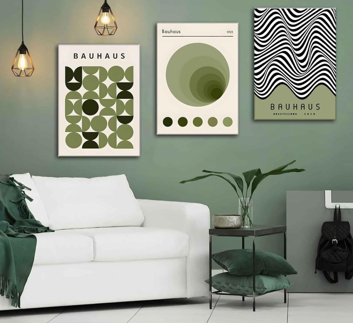 3Pcs Bauhaus Green Boho Abstract Geometric Wall Art Prints Framed - Kwikley