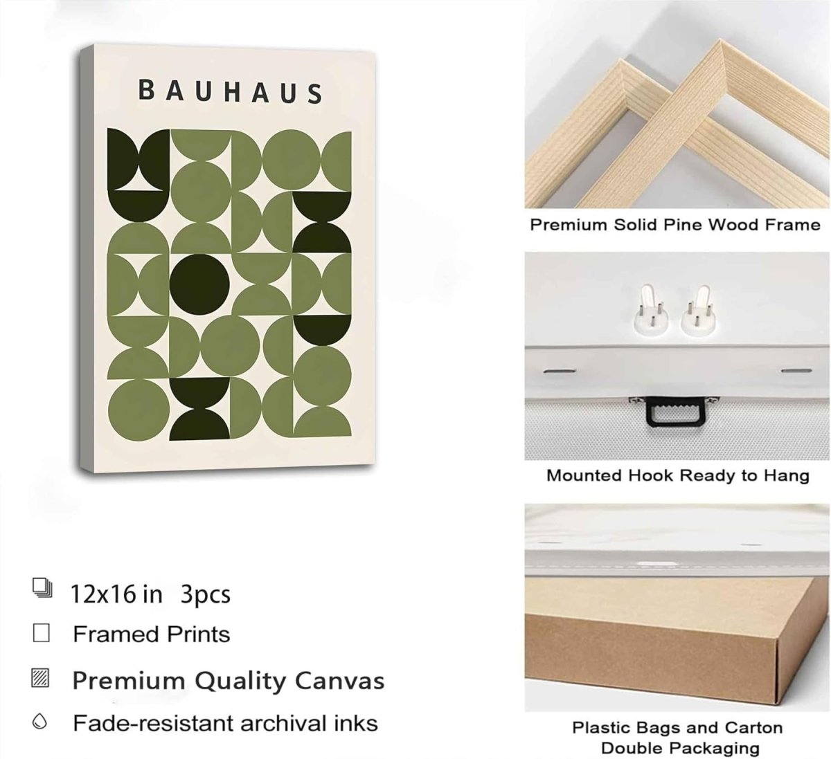 3Pcs Bauhaus Green Boho Abstract Geometric Wall Art Prints Framed - Kwikley