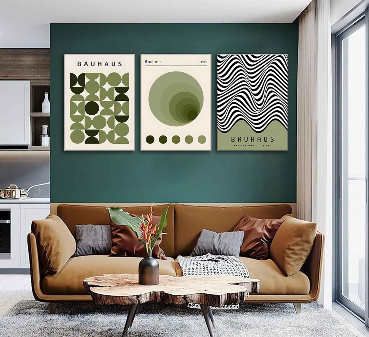 3Pcs Bauhaus Green Boho Abstract Geometric Wall Art Prints Framed - Kwikley