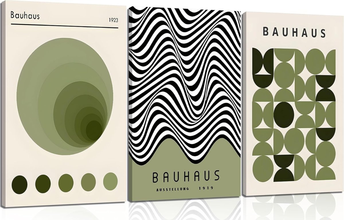 3Pcs Bauhaus Green Boho Abstract Geometric Wall Art Prints Framed - Kwikley