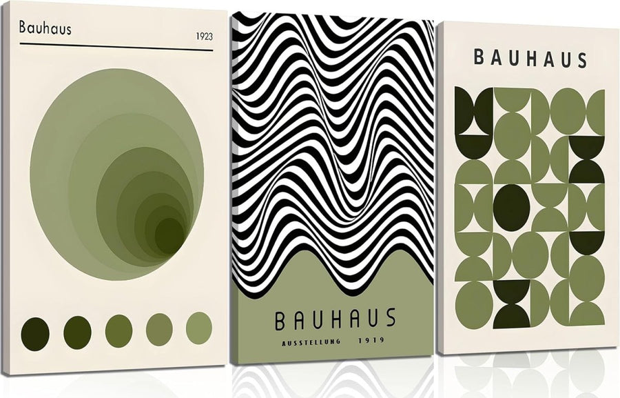 3Pcs Bauhaus Green Boho Abstract Geometric Wall Art Prints Framed - Kwikley