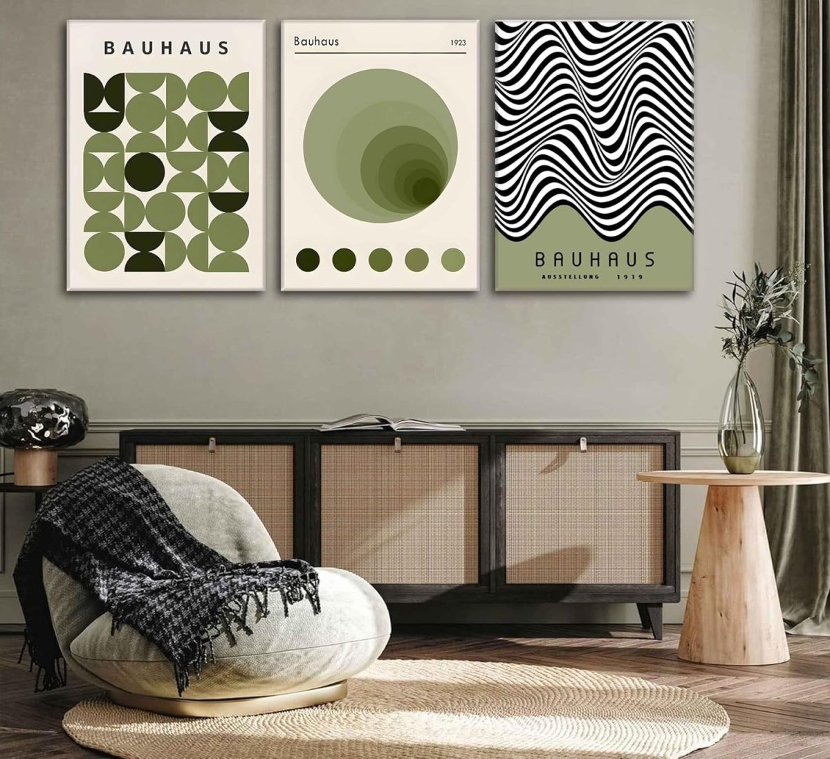 3Pcs Bauhaus Green Boho Abstract Geometric Wall Art Prints Framed - Kwikley