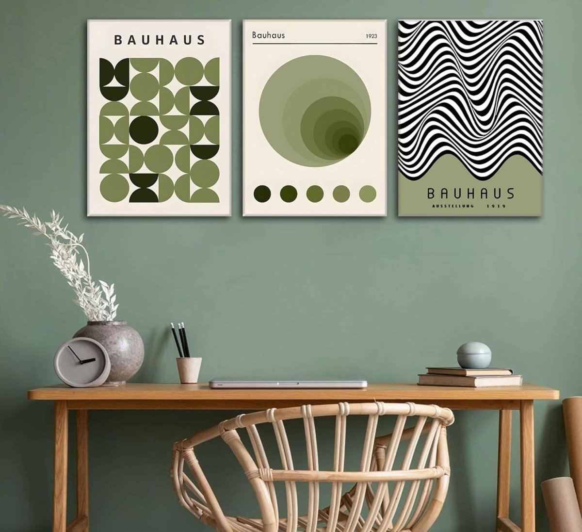 3Pcs Bauhaus Green Boho Abstract Geometric Wall Art Prints Framed - Kwikley