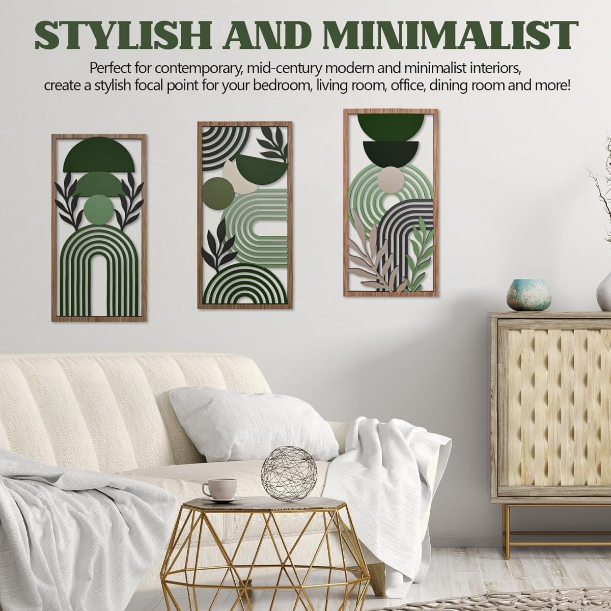 3Pcs Boho Green & Brown Abstract Wooden Wall Art – Modern Minimalist Decor - Kwikley
