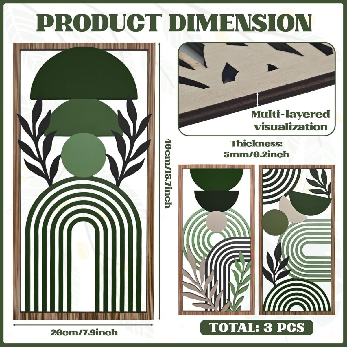 3Pcs Boho Green & Brown Abstract Wooden Wall Art – Modern Minimalist Decor - Kwikley
