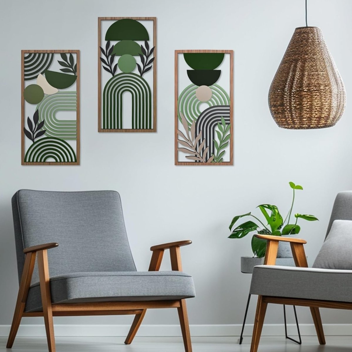 3Pcs Boho Green & Brown Abstract Wooden Wall Art – Modern Minimalist Decor - Kwikley