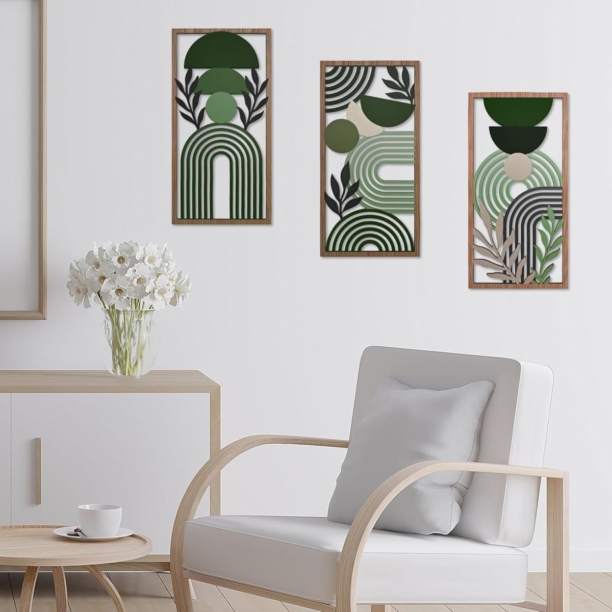 3Pcs Boho Green & Brown Abstract Wooden Wall Art – Modern Minimalist Decor - Kwikley