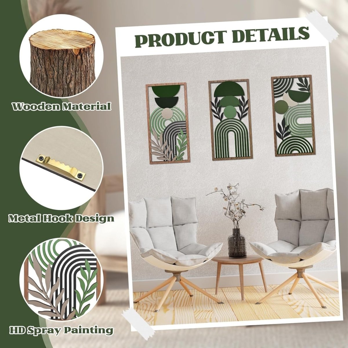 3Pcs Boho Green & Brown Abstract Wooden Wall Art – Modern Minimalist Decor - Kwikley