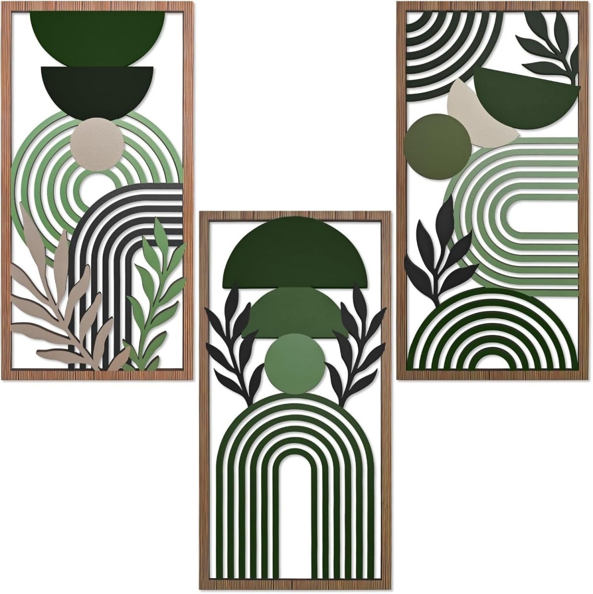 3Pcs Boho Green & Brown Abstract Wooden Wall Art – Modern Minimalist Decor - Kwikley