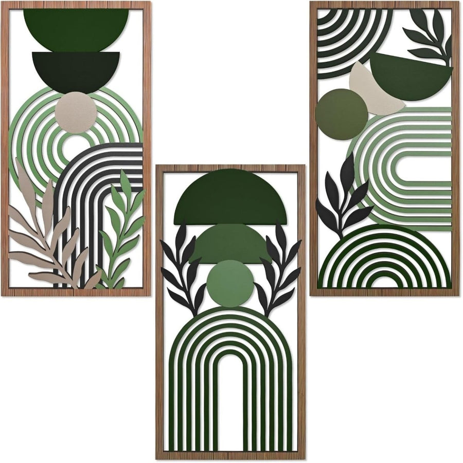 3Pcs Boho Green & Brown Abstract Wooden Wall Art – Modern Minimalist Decor - Kwikley