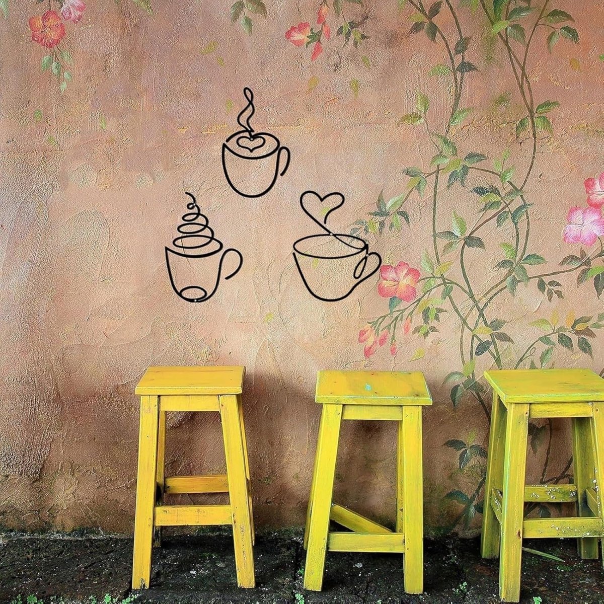 3Pcs Coffee Cup Metal Wall Art Black Line Cafe Decor - Kwikley