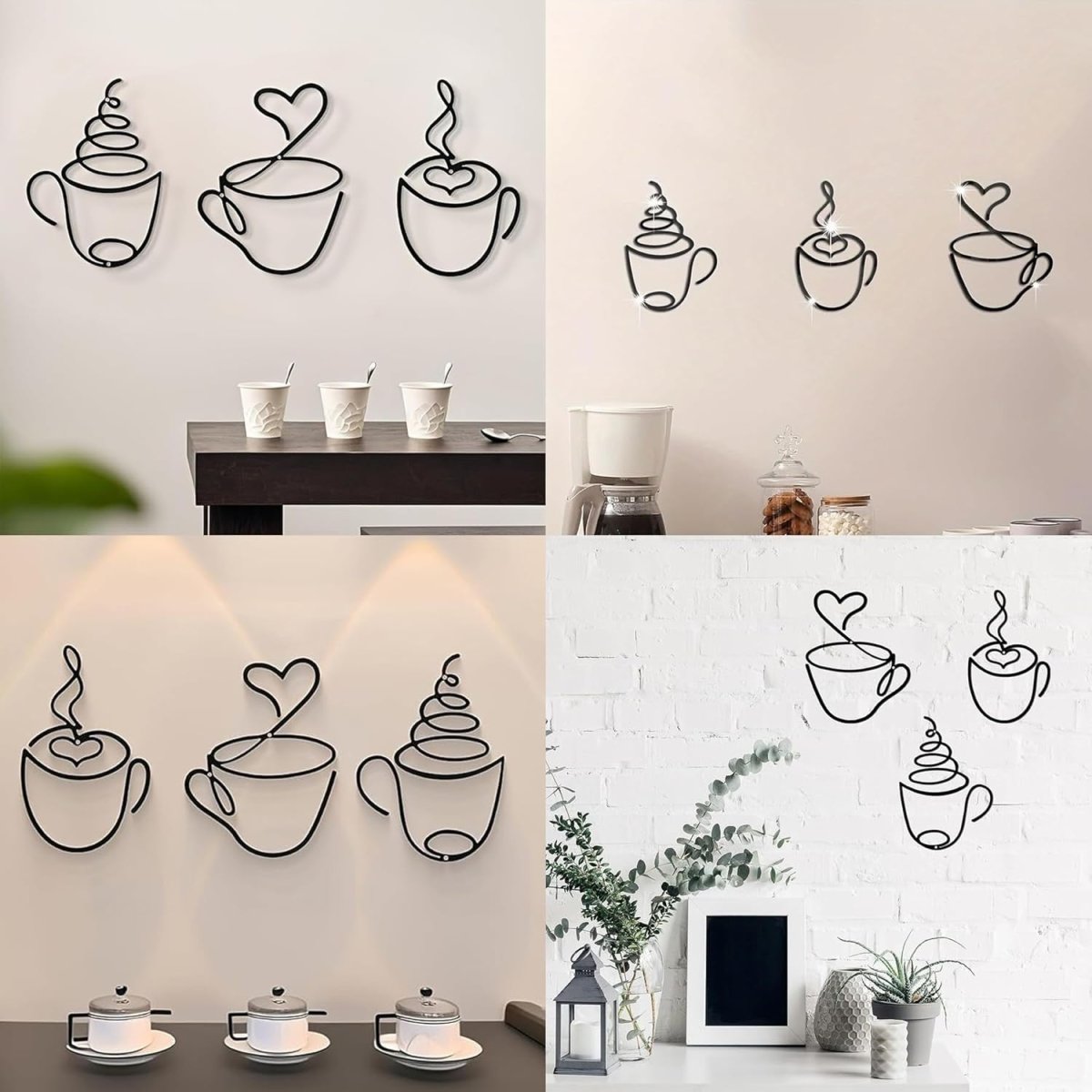 3Pcs Coffee Cup Metal Wall Art Black Line Cafe Decor - Kwikley