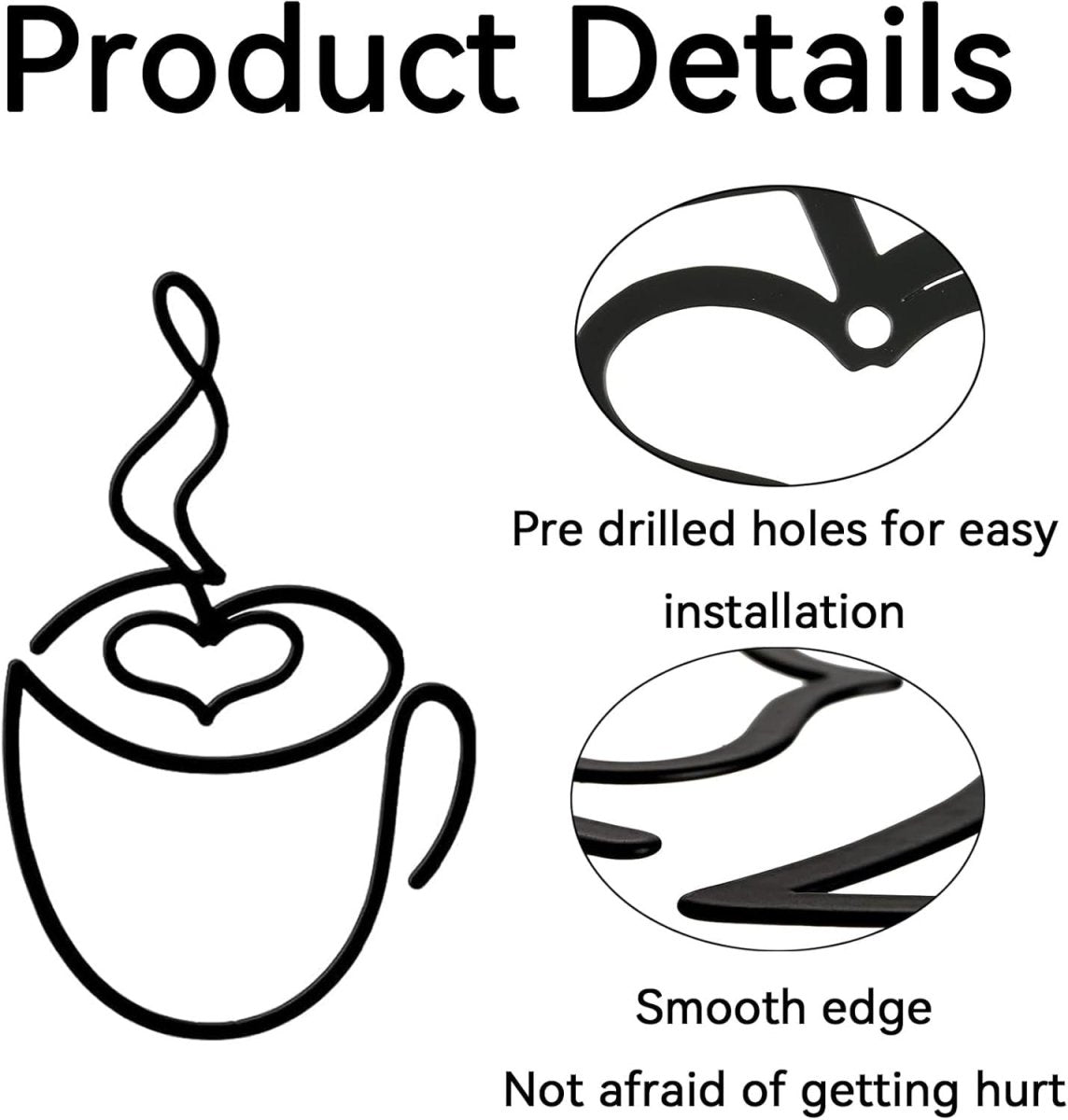 3Pcs Coffee Cup Metal Wall Art Black Line Cafe Decor - Kwikley