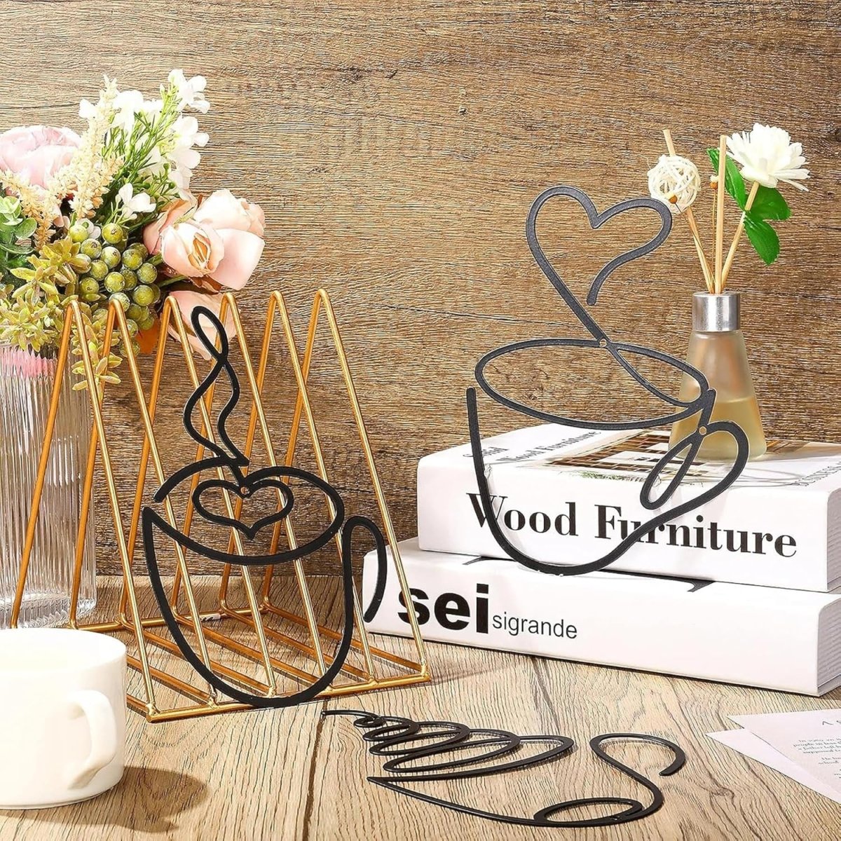 3Pcs Coffee Cup Metal Wall Art Black Line Cafe Decor - Kwikley