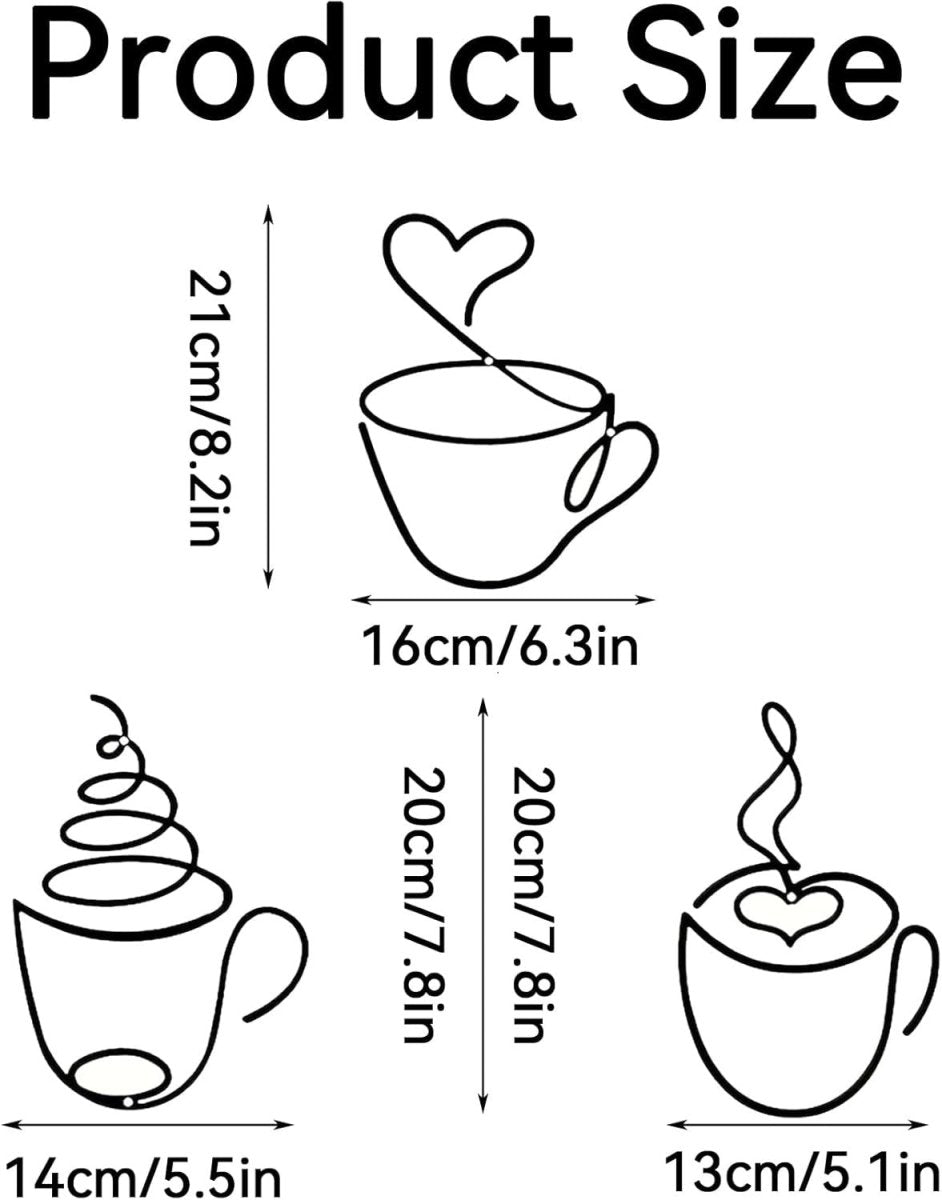 3Pcs Coffee Cup Metal Wall Art Black Line Cafe Decor - Kwikley