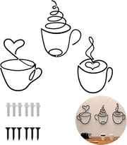 3Pcs Coffee Cup Metal Wall Art Black Line Cafe Decor - Kwikley