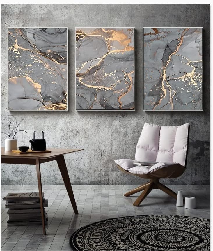 3Pcs Grey Gold Marble Canvas Wall Art 20x30cm Set - Kwikley
