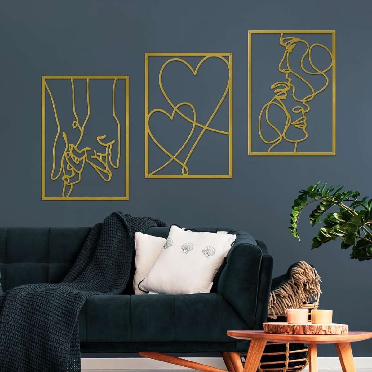 3Pcs Metal Couple Kiss Line Wall Art Modern Decor - Kwikley