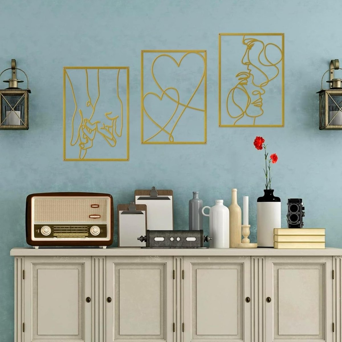 3Pcs Metal Couple Kiss Line Wall Art Modern Decor - Kwikley