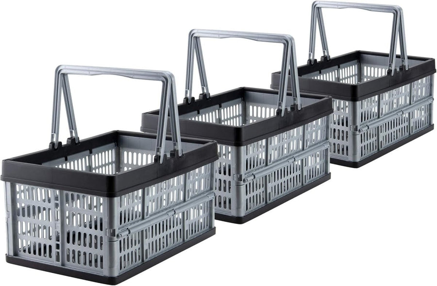 3x 16L Collapsible Storage Crates 39x26x21cm Grey - Kwikley