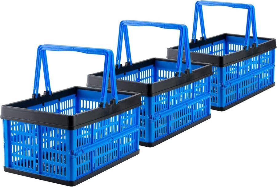 3x 16L Collapsible Storage Crates 39x26x6cm Stackable Blue - Kwikley