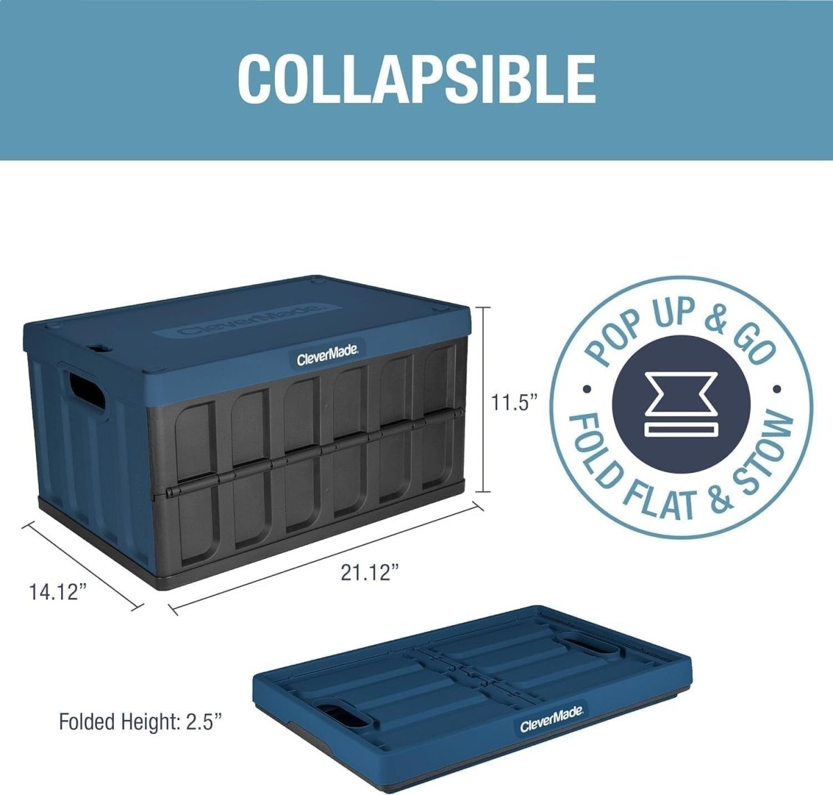 3x 46L Collapsible Storage Crates with Lid 53.7x35.9x29.2cm Ocean - Kwikley