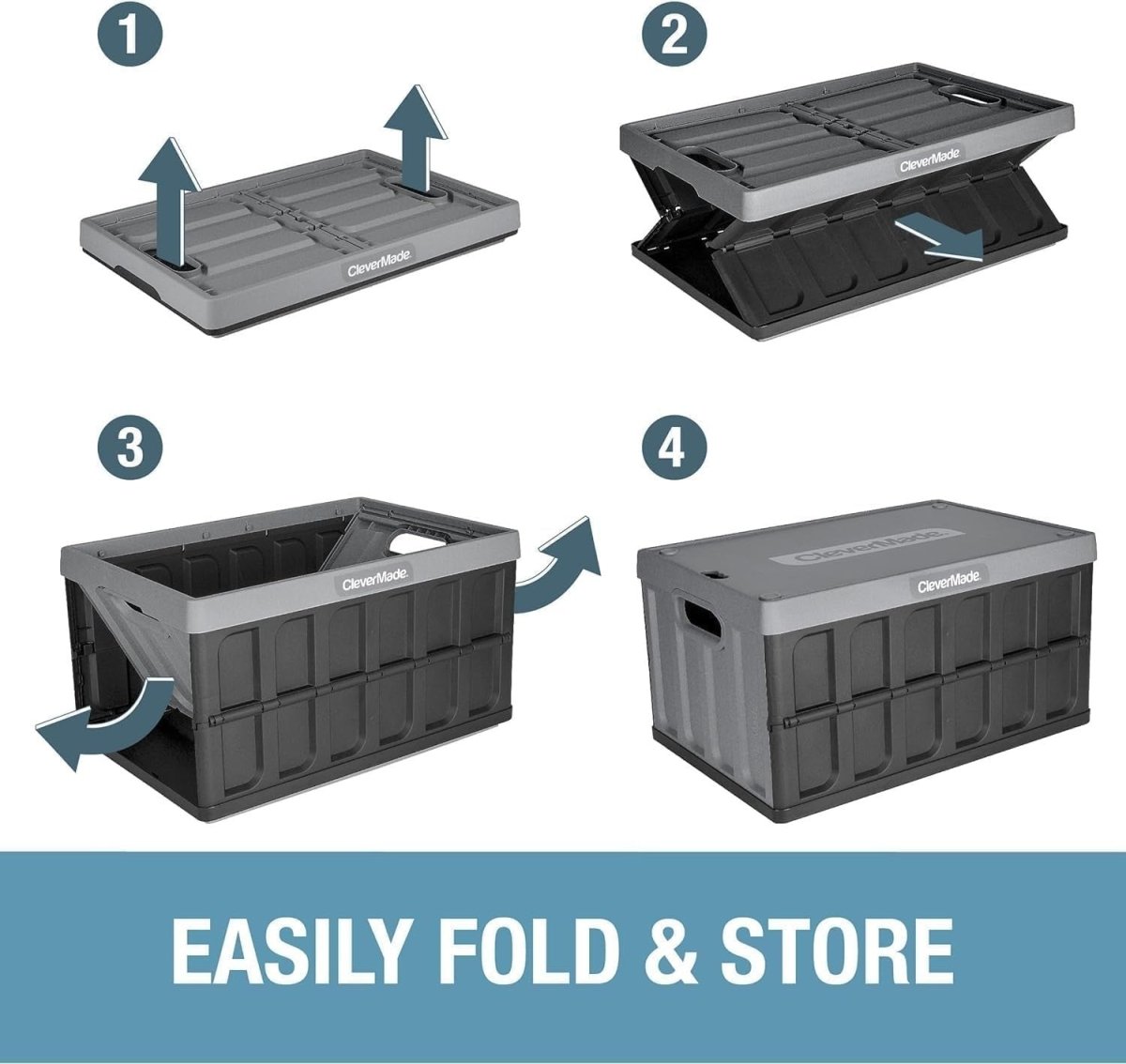 3x 46L Collapsible Storage Crates with Lid 53.7x35.9x29.2cm Ocean - Kwikley