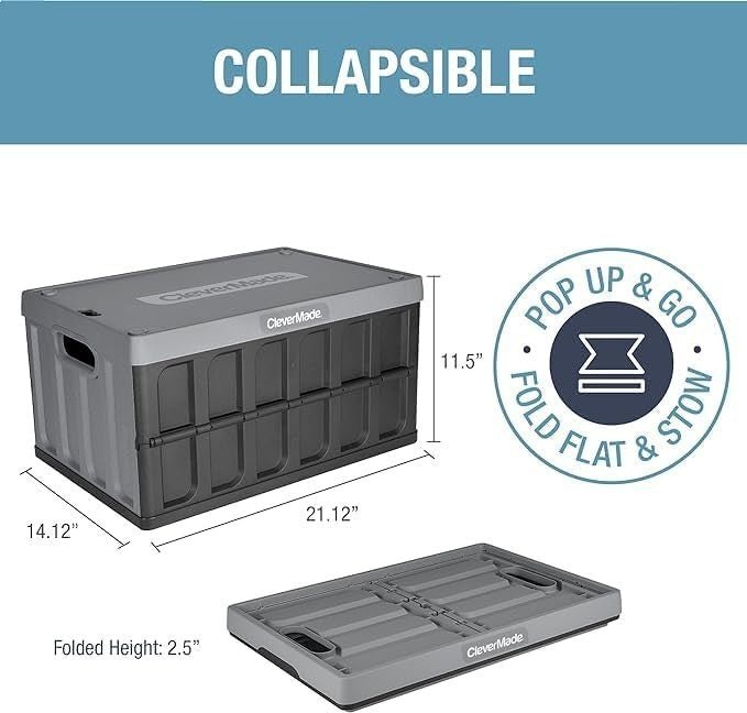 3x 46L Collapsible Storage Crates with Lid 53.7x35.9x29.2cm Stone - Kwikley