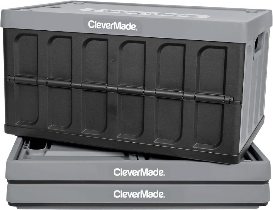 3x 62L Collapsible Storage Crates with Lid 59.4x38.4x31.8cm Stone - Kwikley