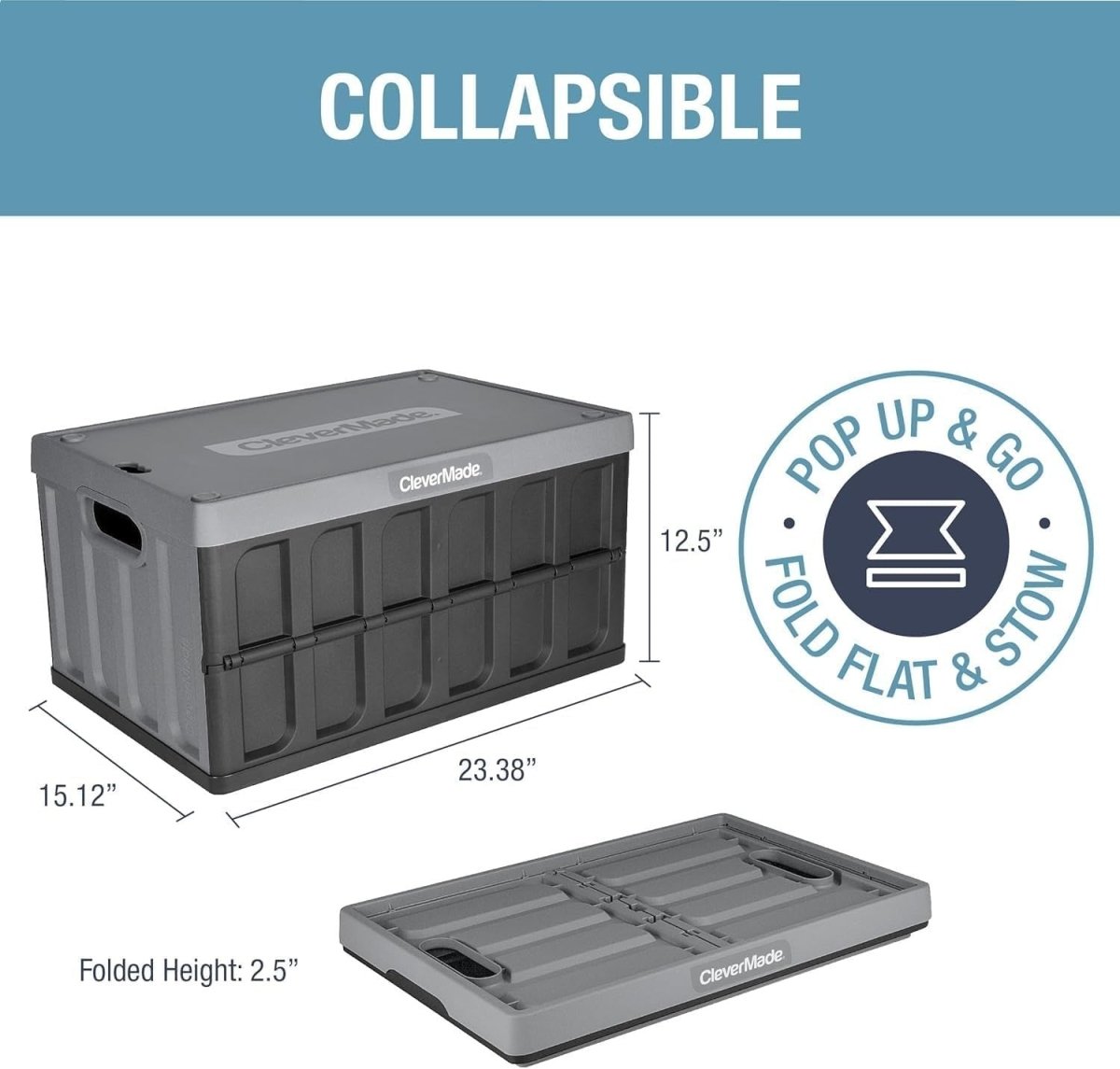 3x 62L Collapsible Storage Crates with Lid 59.4x38.4x31.8cm Stone - Kwikley