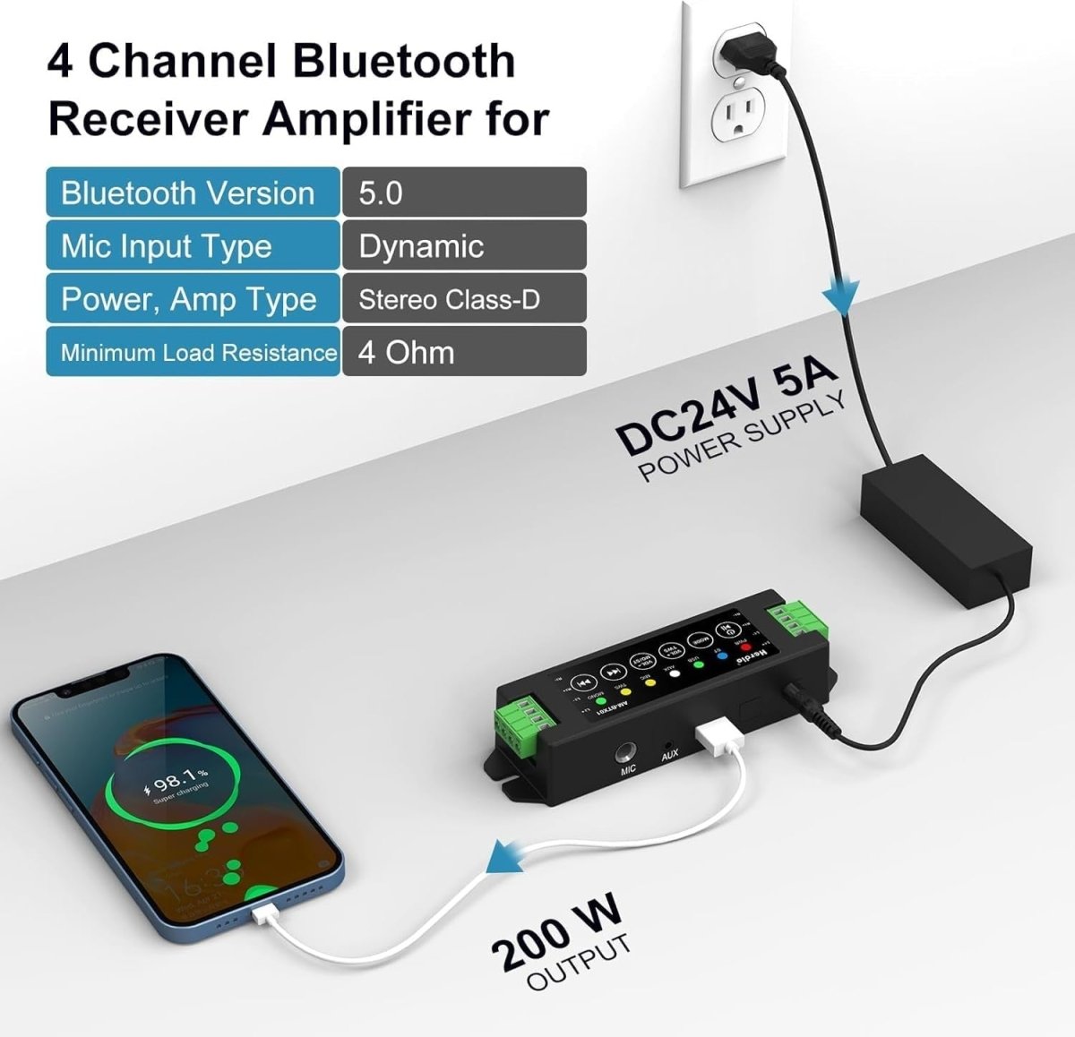 4 - Channel Bluetooth Amplifier 200W USB AUX TWS 40W Each - Kwikley