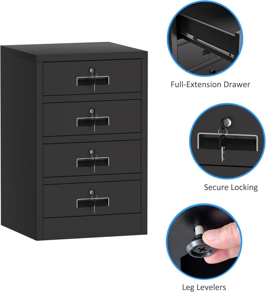 4 Drawer Metal Storage Cabinet Lockable Office Home Organiser Black - Kwikley