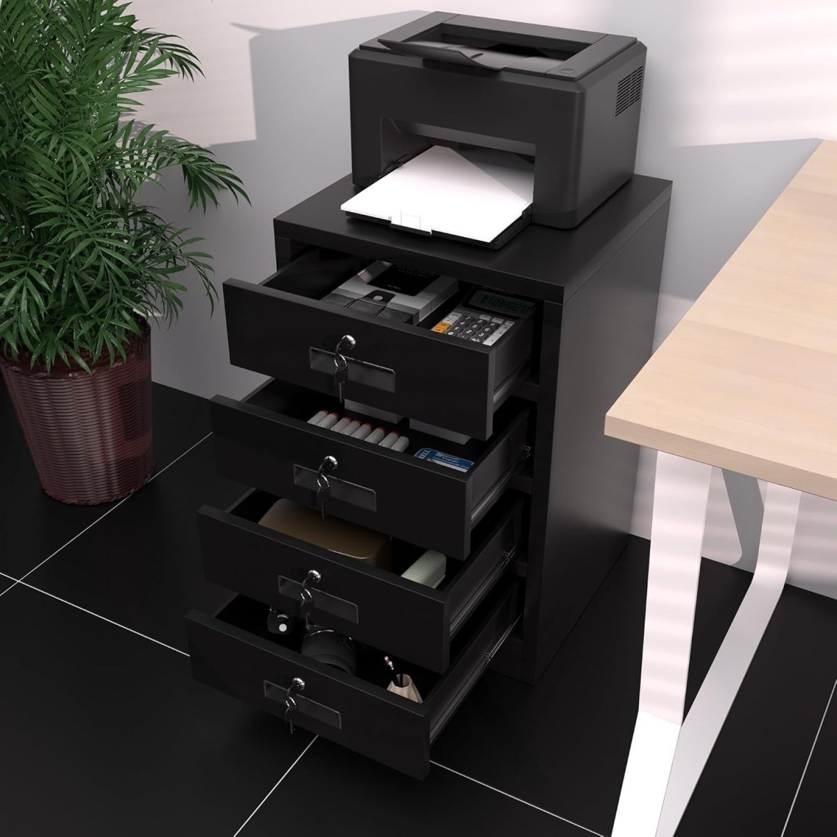 4 Drawer Metal Storage Cabinet Lockable Office Home Organiser Black - Kwikley
