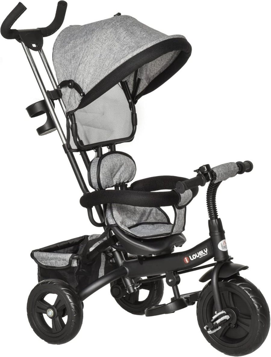 4 in 1 Kids Tricycle Toddler Trike Push Along Canopy Grey 18M-5Y - Kwikley