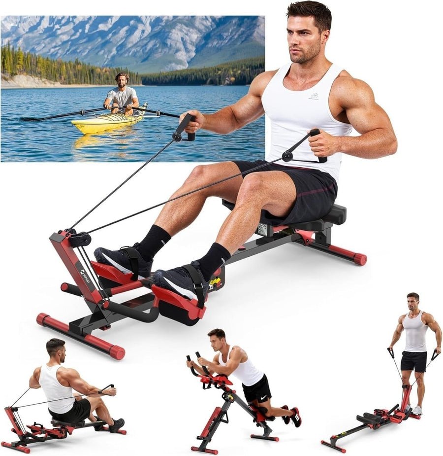 4 - in - 1 Rowing Machine Ab Trainer Foldable Quiet Rower LCD Home Gym 118KG - Kwikley