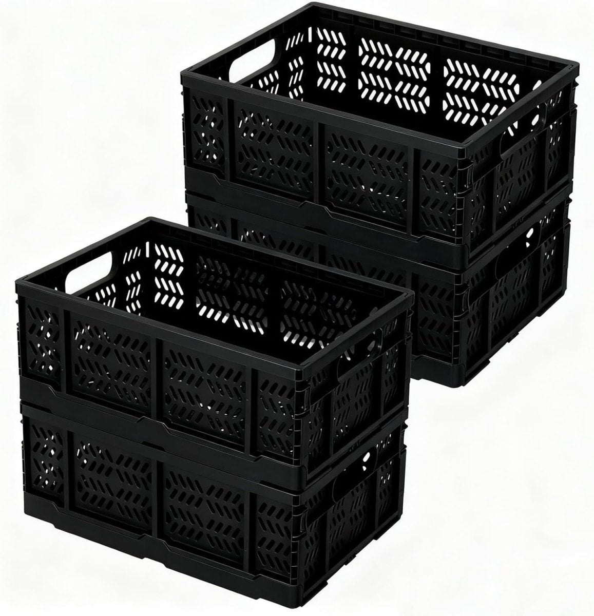 4 Pack 20L Folding Plastic Storage Crates Stackable Collapsible Black - Kwikley