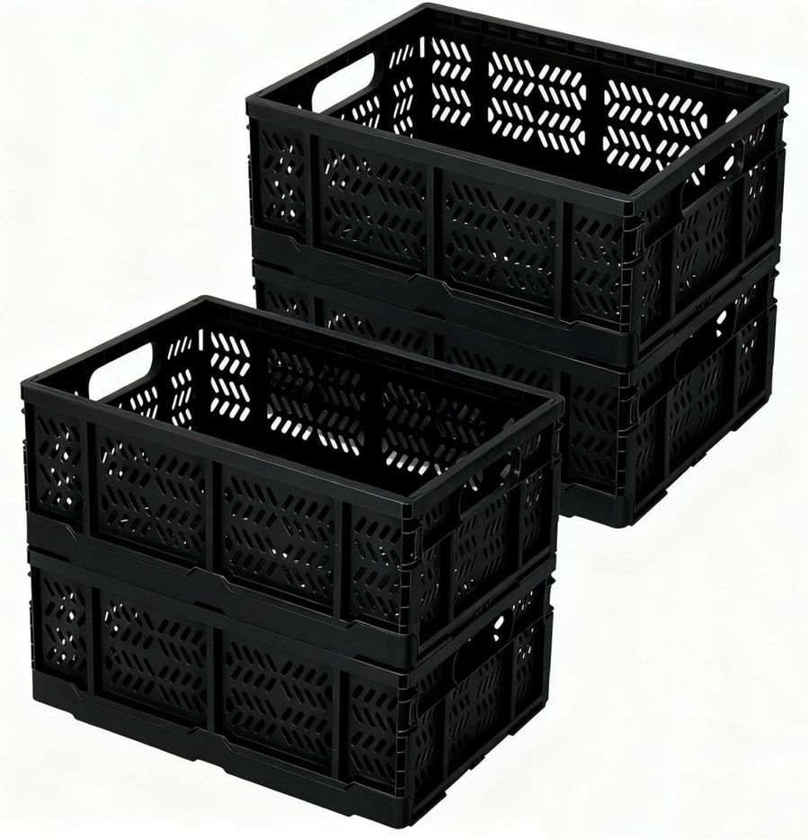 4 Pack 20L Folding Plastic Storage Crates Stackable Collapsible Black - Kwikley