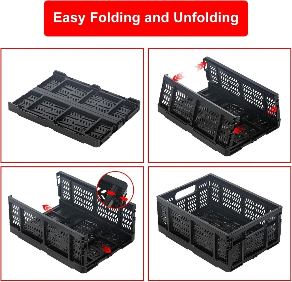 4 Pack 20L Folding Plastic Storage Crates Stackable Collapsible Black - Kwikley