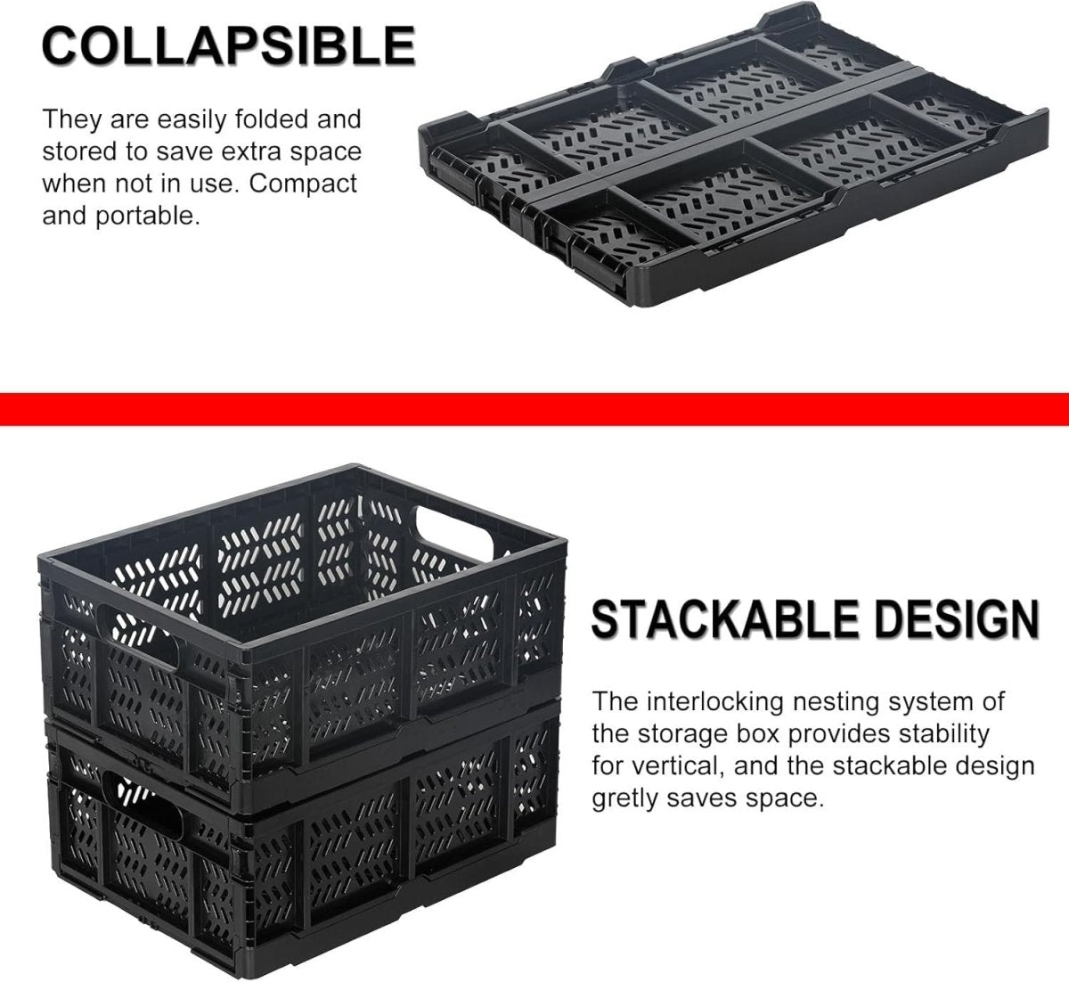 4 Pack 20L Folding Plastic Storage Crates Stackable Collapsible Black - Kwikley