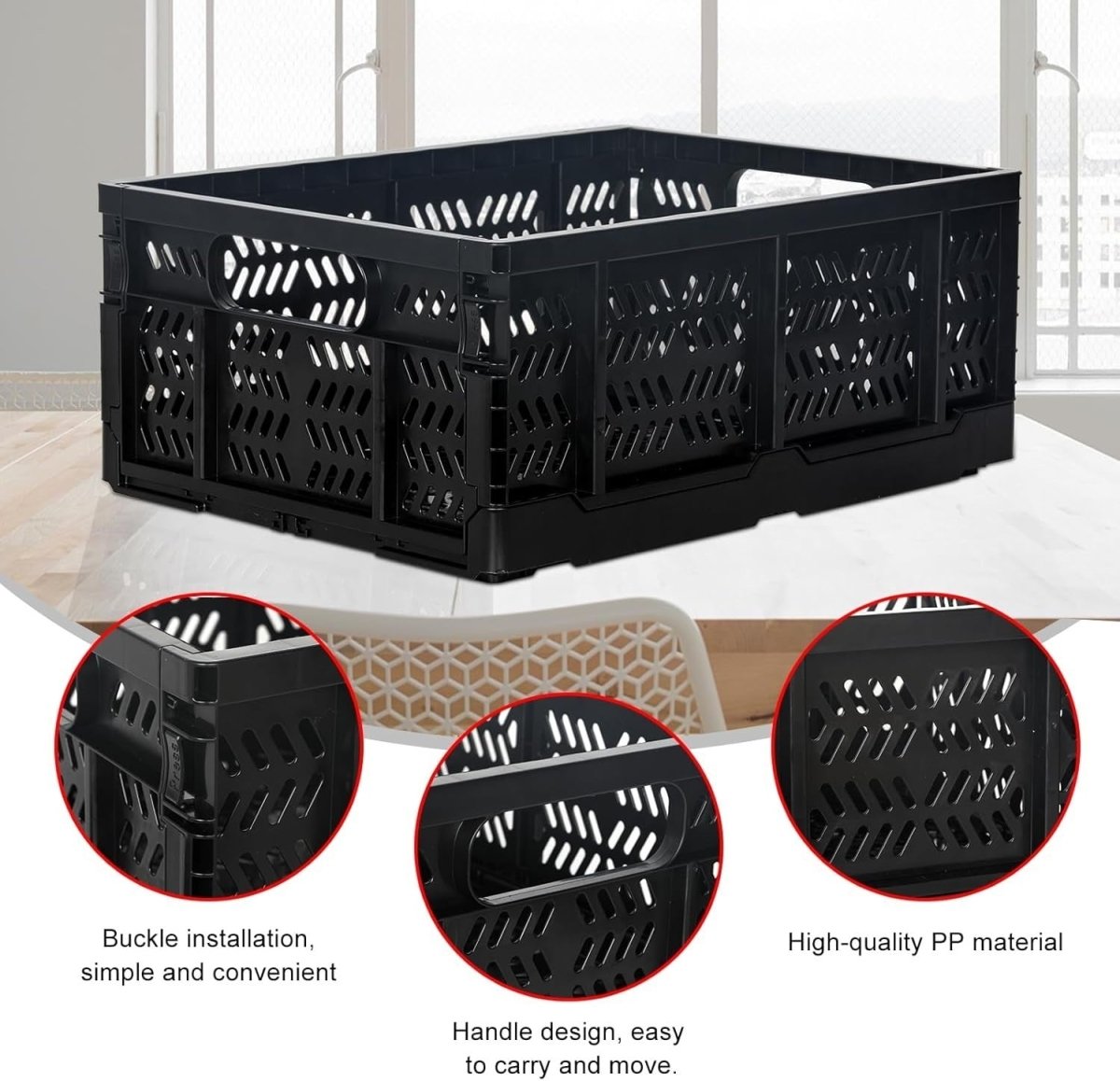 4 Pack 20L Folding Plastic Storage Crates Stackable Collapsible Black - Kwikley
