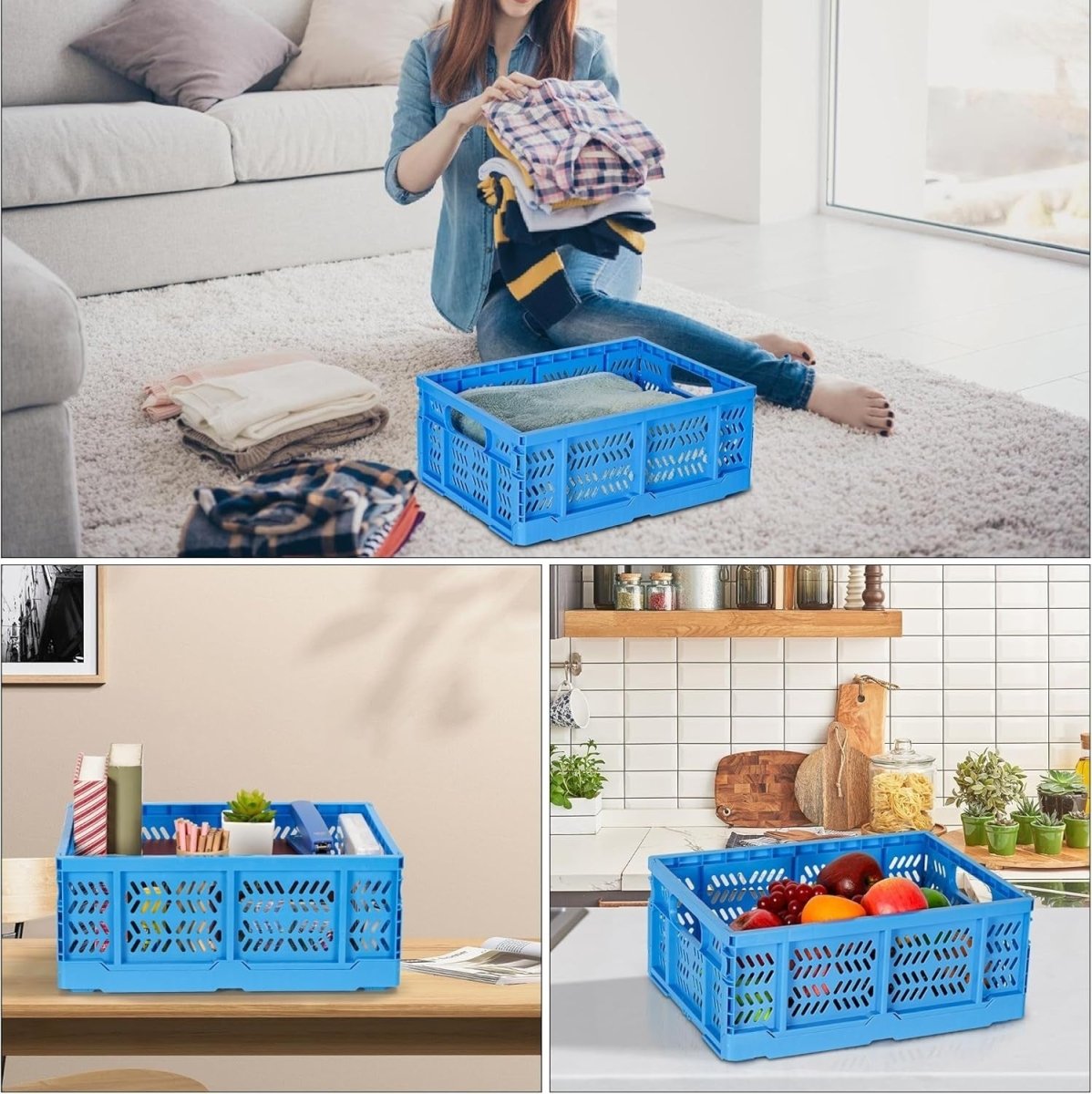 4 Pack 20L Folding Plastic Storage Crates Stackable Collapsible Blue - Kwikley