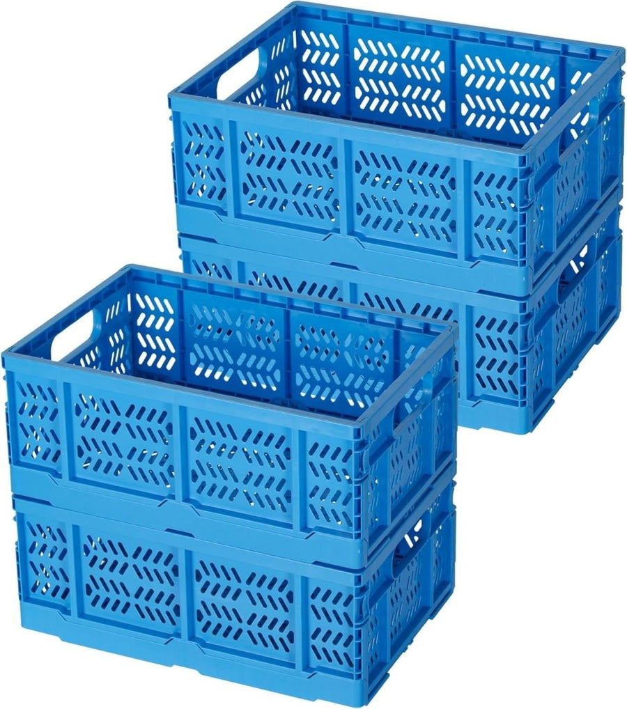 4 Pack 20L Folding Plastic Storage Crates Stackable Collapsible Blue - Kwikley