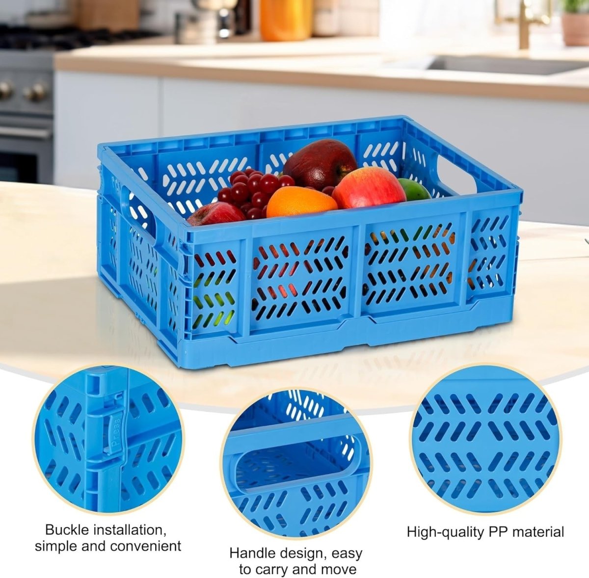 4 Pack 20L Folding Plastic Storage Crates Stackable Collapsible Blue - Kwikley