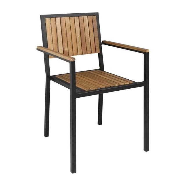 4 Pack Acacia Wood Steel Armchairs Stackable Indoor Outdoor Dining Chairs