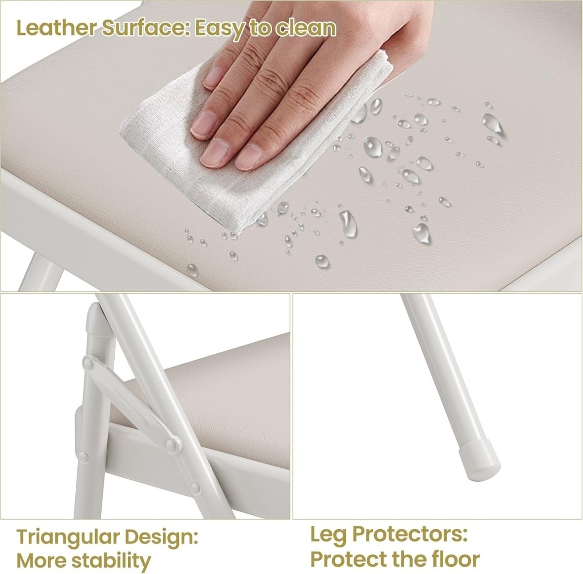 4 - Pack Folding Chairs Padded PU Leather Stackable Metal Frame Beige - Kwikley