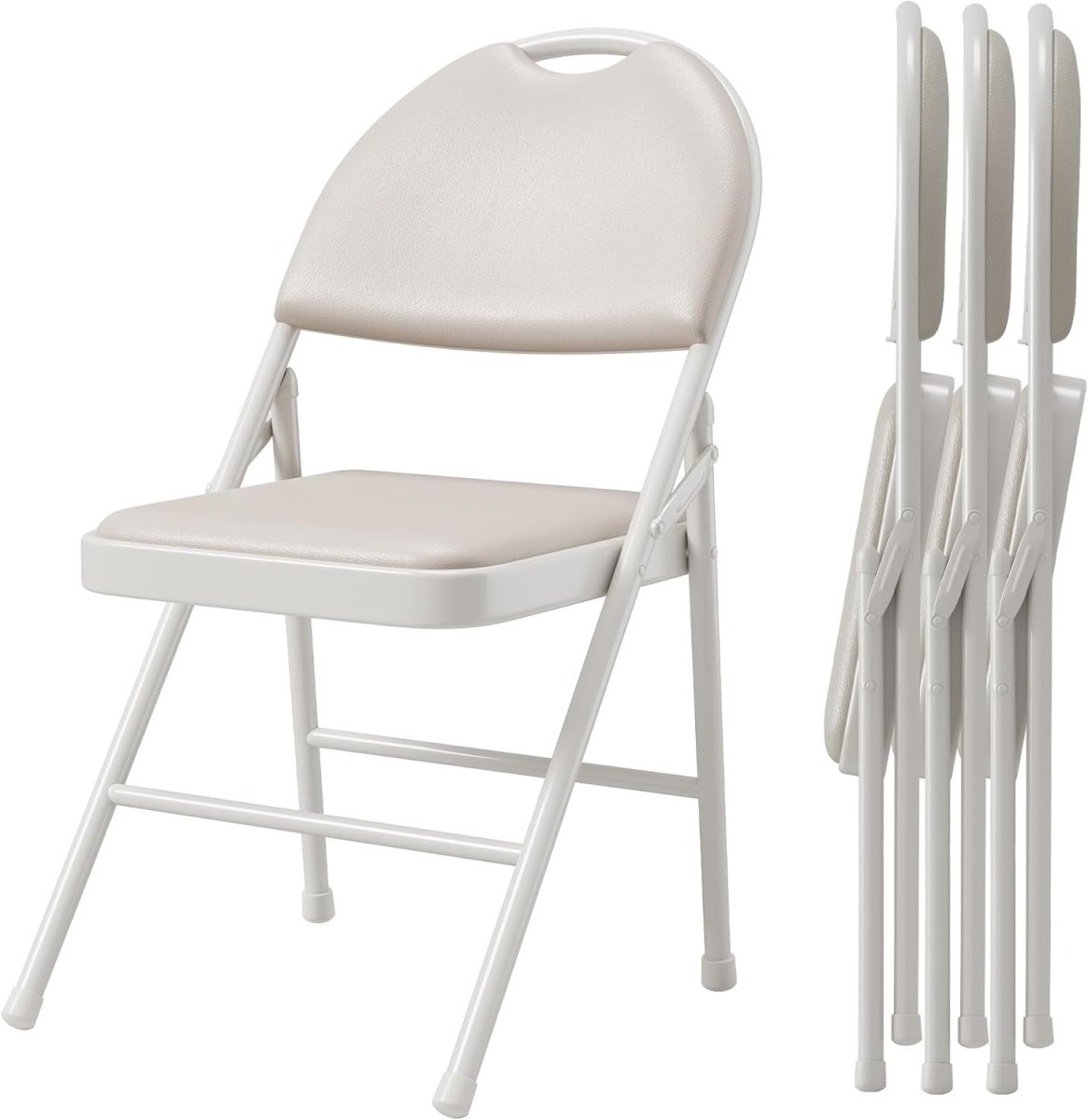 4 - Pack Folding Chairs Padded PU Leather Stackable Metal Frame Beige - Kwikley