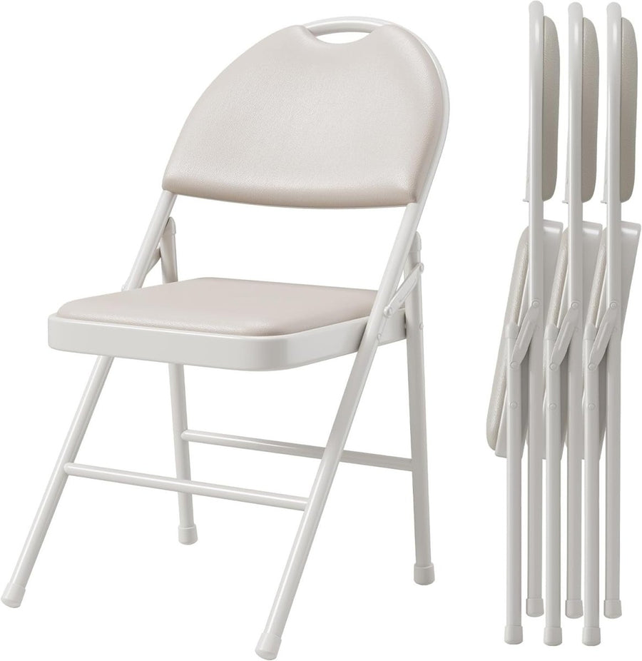 4 - Pack Folding Chairs Padded PU Leather Stackable Metal Frame Beige - Kwikley