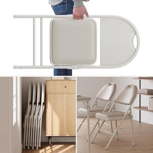 4 - Pack Folding Chairs Padded PU Leather Stackable Metal Frame Beige - Kwikley