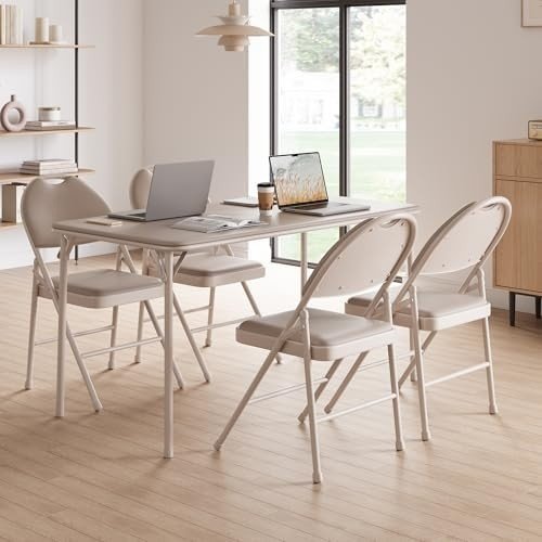 4 - Pack Padded Folding Chairs Metal Frame Beige Indoor Outdoor 88cm H - Kwikley